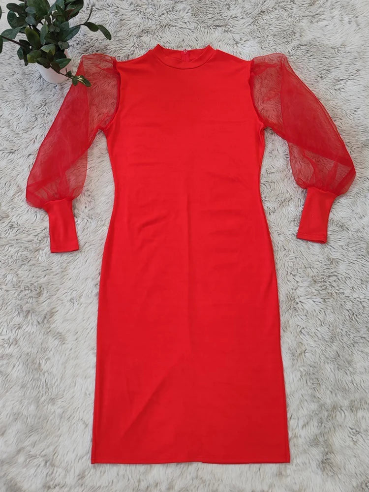 Newton Plus Size Solid Color Spring Mesh Lantern Long Sleeve Dress