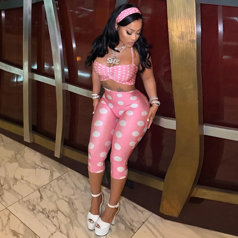 Nikki Polka Print Neck Strap Tight Fitting Three Piece Sets