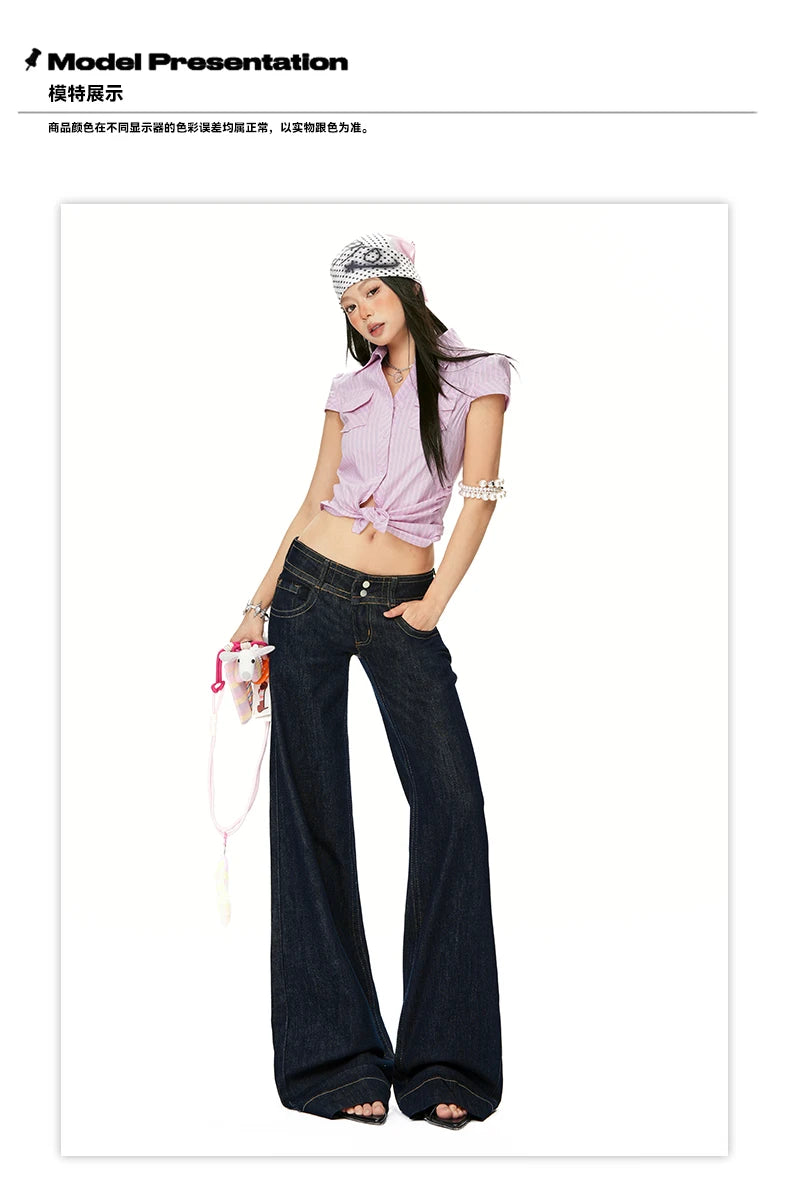 Women Vintage Blue Jeans Hip Hop Fashion Streetwear Y2K Wide Leg Straight