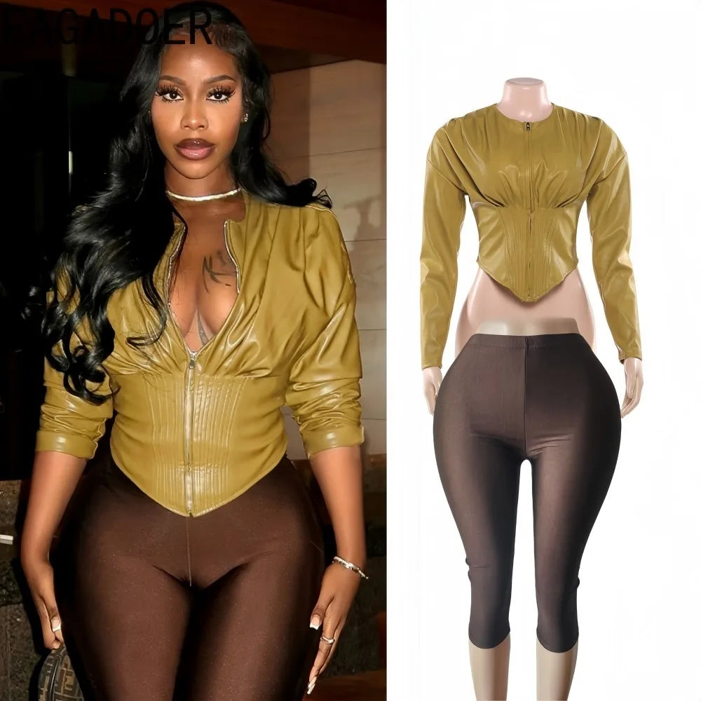 Ridgefield Solid Color Leather Patchwork Long Sleeves Crop Matching Set