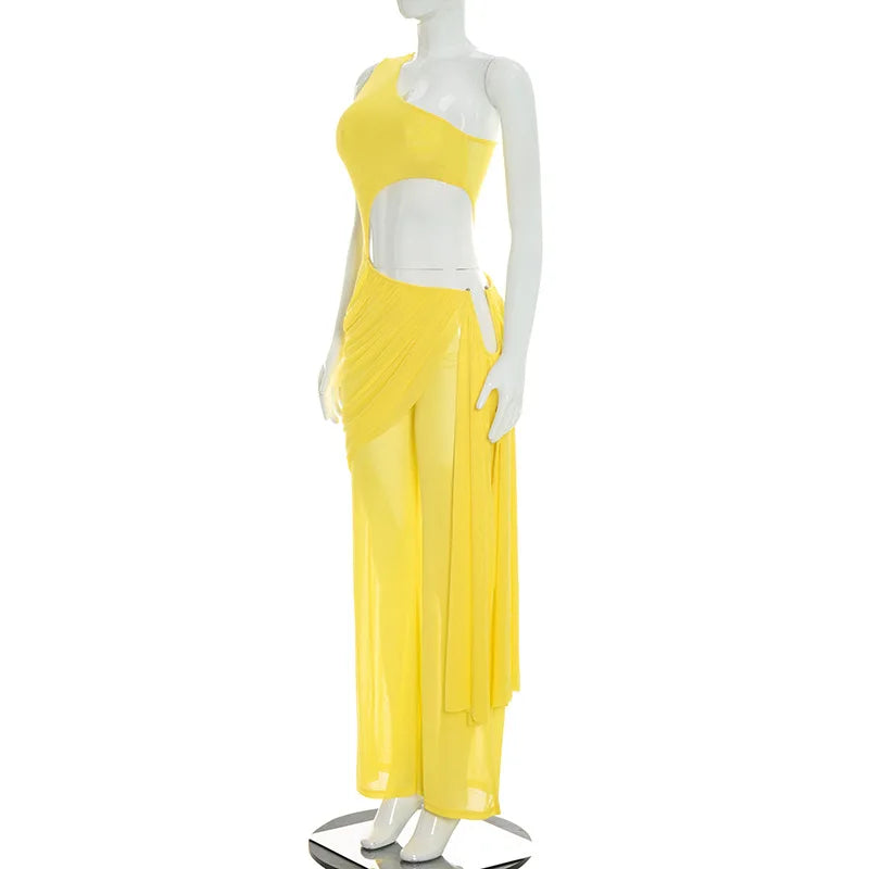 Alabama Mesh See Through One Shoulder Cutout Waist Jumpsuit Draped Overlay