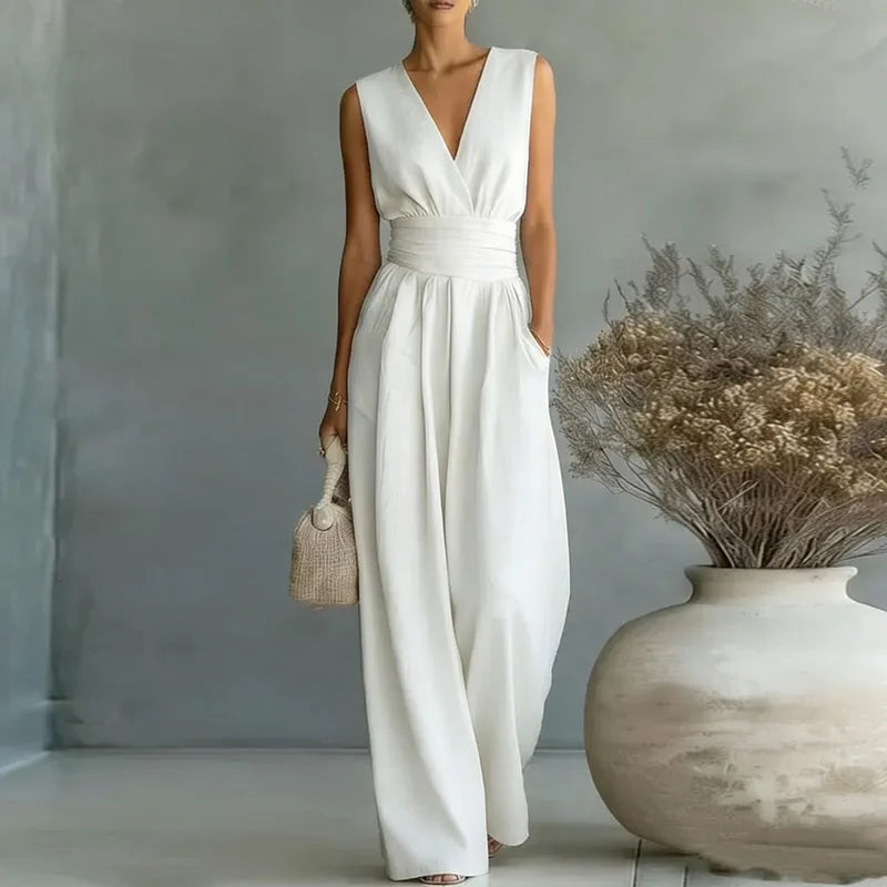 Women's Jumpsuit Fashion High Waist V-neck Casual Jumpsuits Sexy Solid Color Office Wide Leg Trousers Overalls Linen Chic