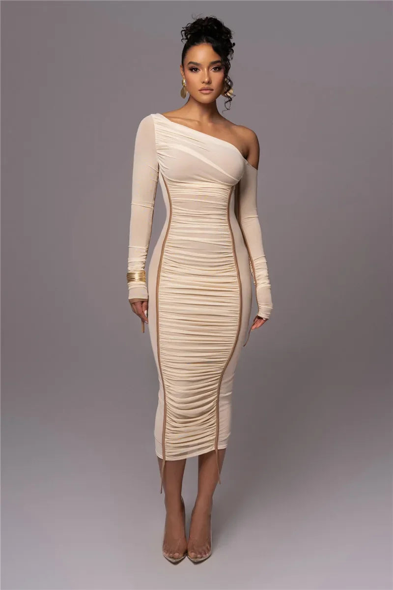 Dyker Heights Diagonal Collar Long Sleeve Mesh Backless Ruched Bodycon Midi Dress