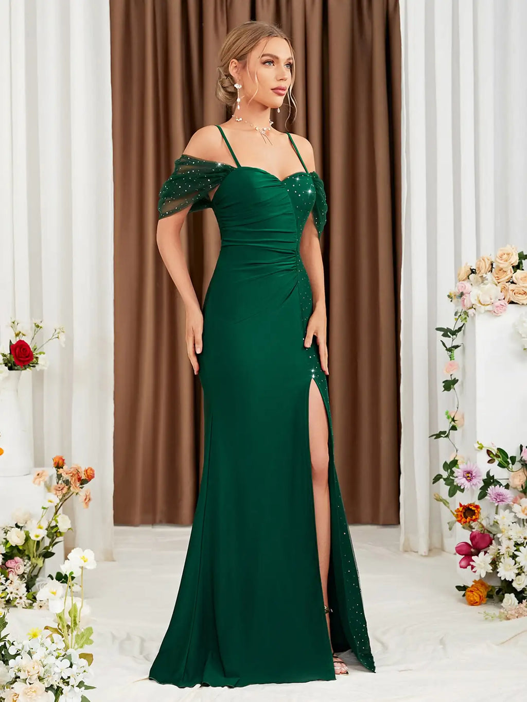 Habana Bridesmaid Sequined Adult One Side Slip Maxi Dress