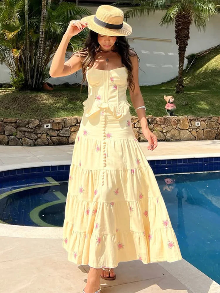 Paola Shaping French Floral Ruffled Waist Two Piece Sets