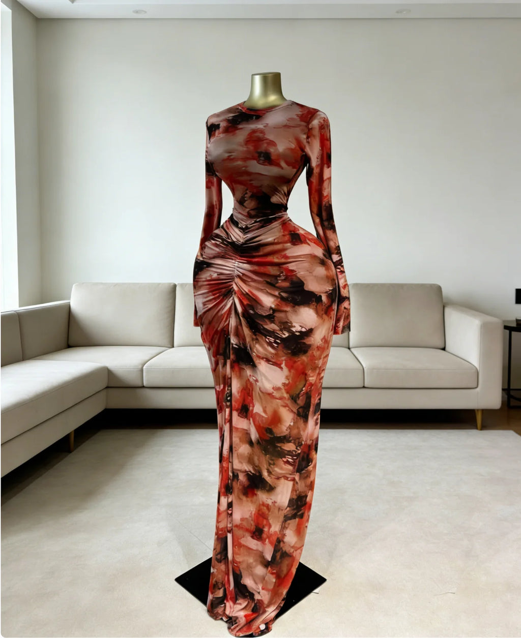 Lebanon Print O Neck Ruched Stacked Bodycon Long Maxi Dress
