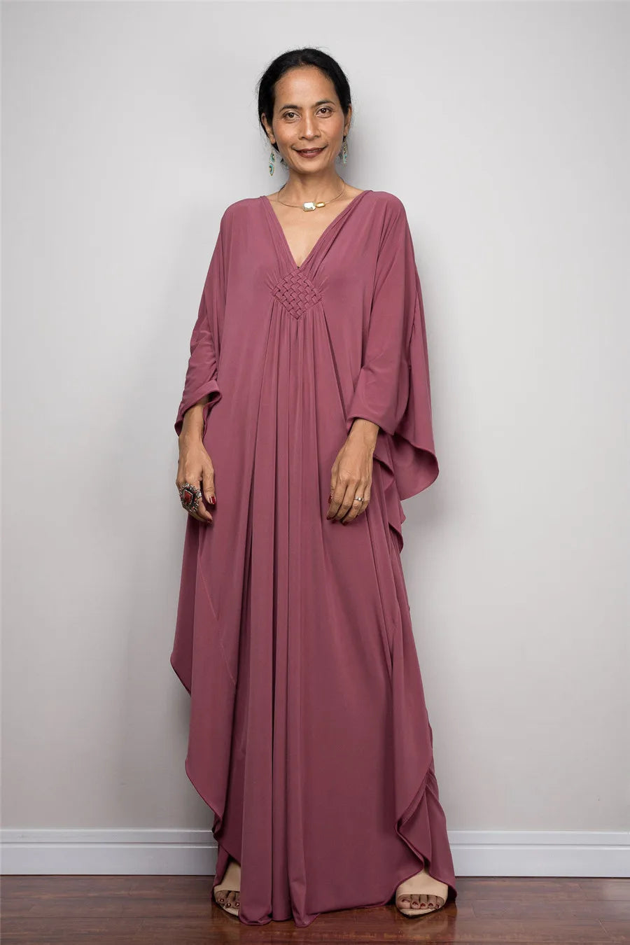 Plaza Plus Size Caftan Solid Color Plus Size Beach V Neck Cover Up Loose Soft Kaftan Dress