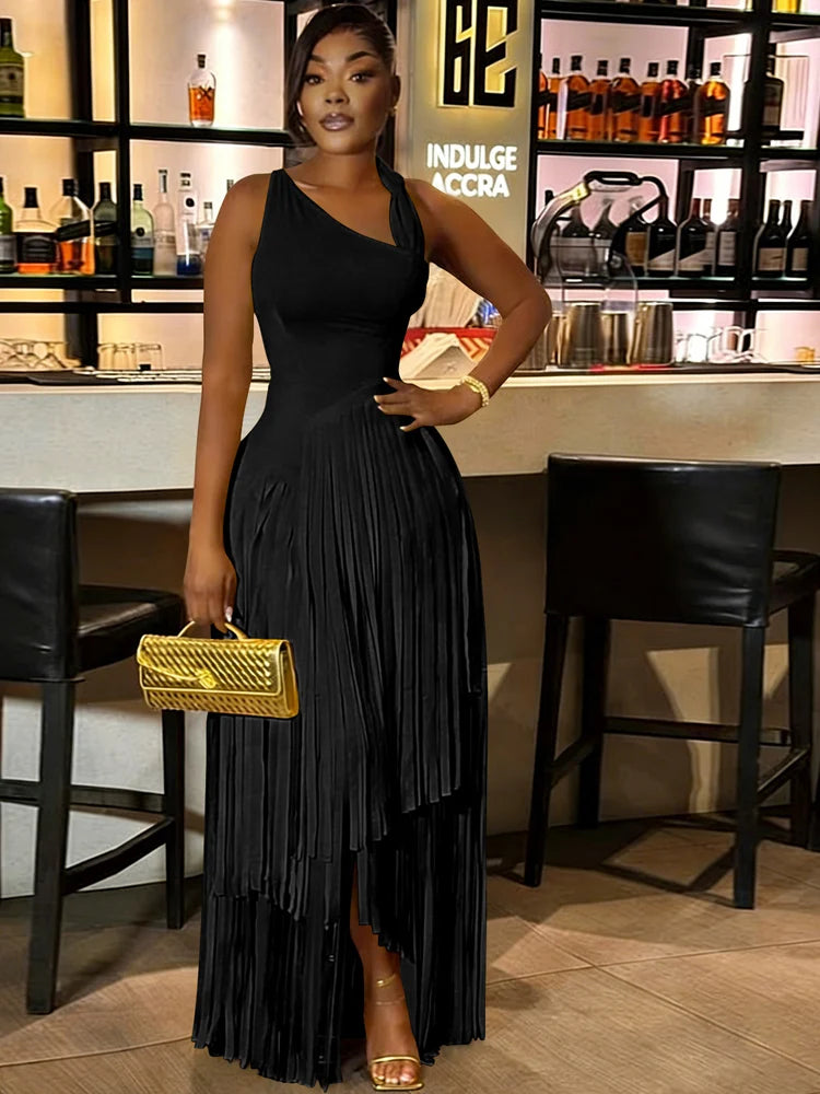 Sexy One Shoulder Red Tassel Dress Luxury Sleeveless Fringe Maxi Dress