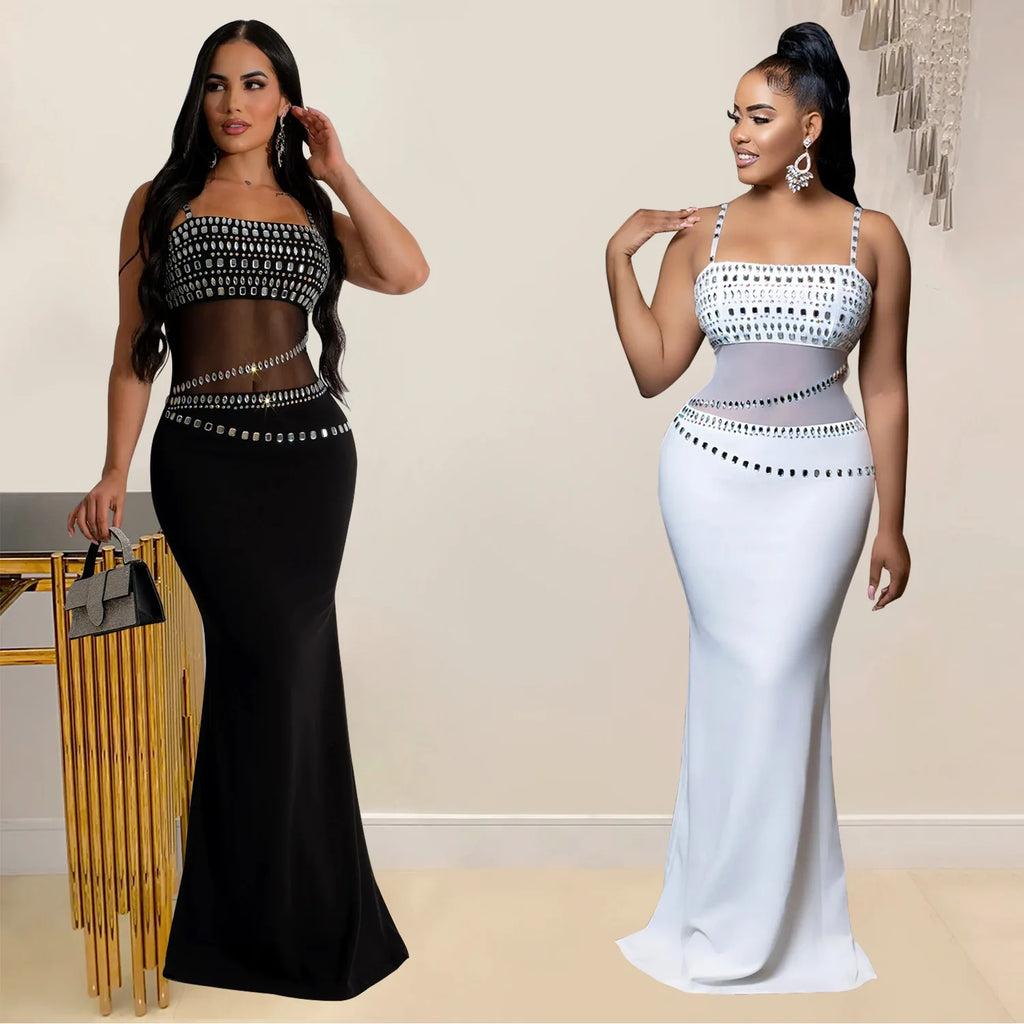 Stamford Diamond Mesh Sexy Transparent Lace Party Elegant Maxi Dress