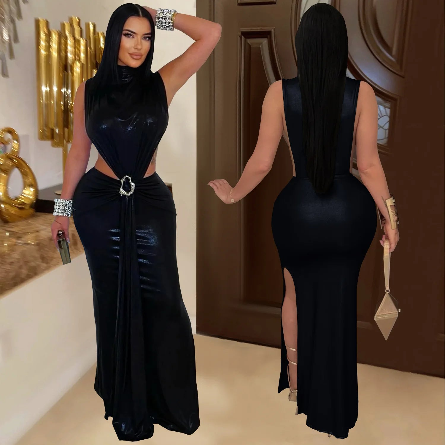 Hudson Square Side Split Ruched Sleeveless Waistless Silky Sexy Metal Button Ribbon Dress