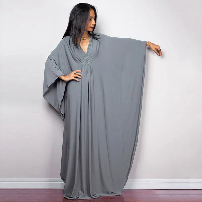 Plaza Plus Size Caftan Solid Color Plus Size Beach V Neck Cover Up Loose Soft Kaftan Dress