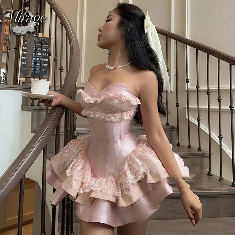 Hillcrest Elegant Gown Customized  Pink Party Sweetheart Lace Puff Prom Mini Dress