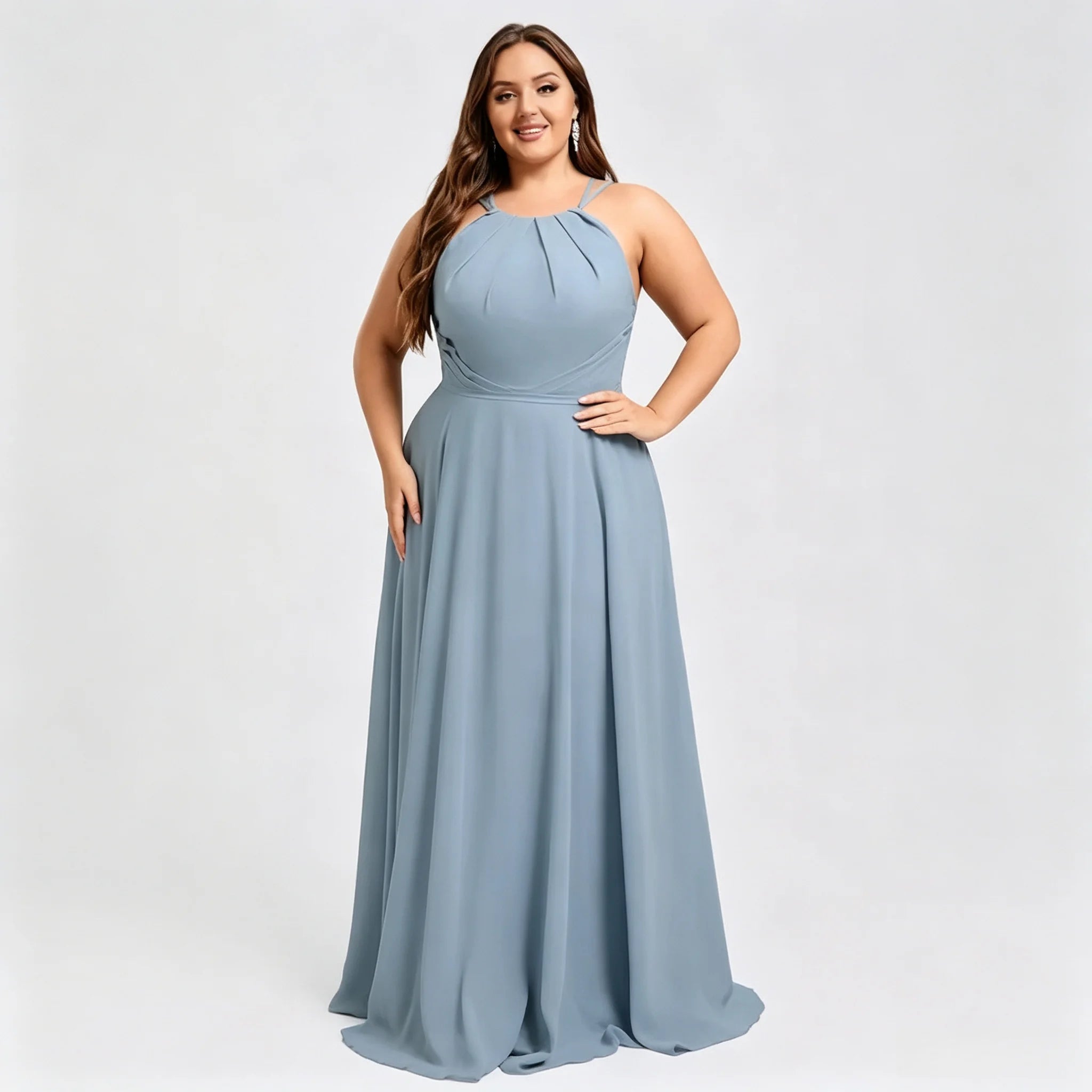 Los Mina Plus Size Halter Chiffon Bridesmaid Spaghetti Straps A Line Maxi Dress