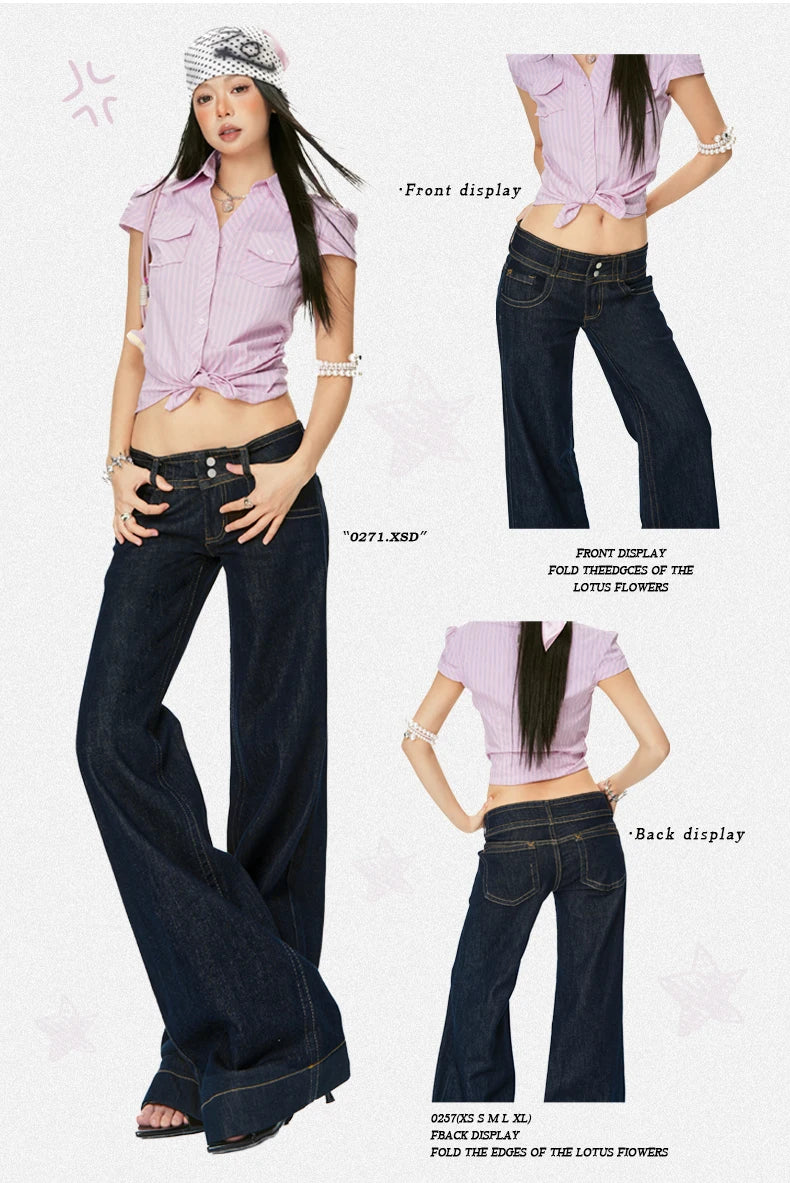 Women Vintage Blue Jeans Hip Hop Fashion Streetwear Y2K Wide Leg Straight