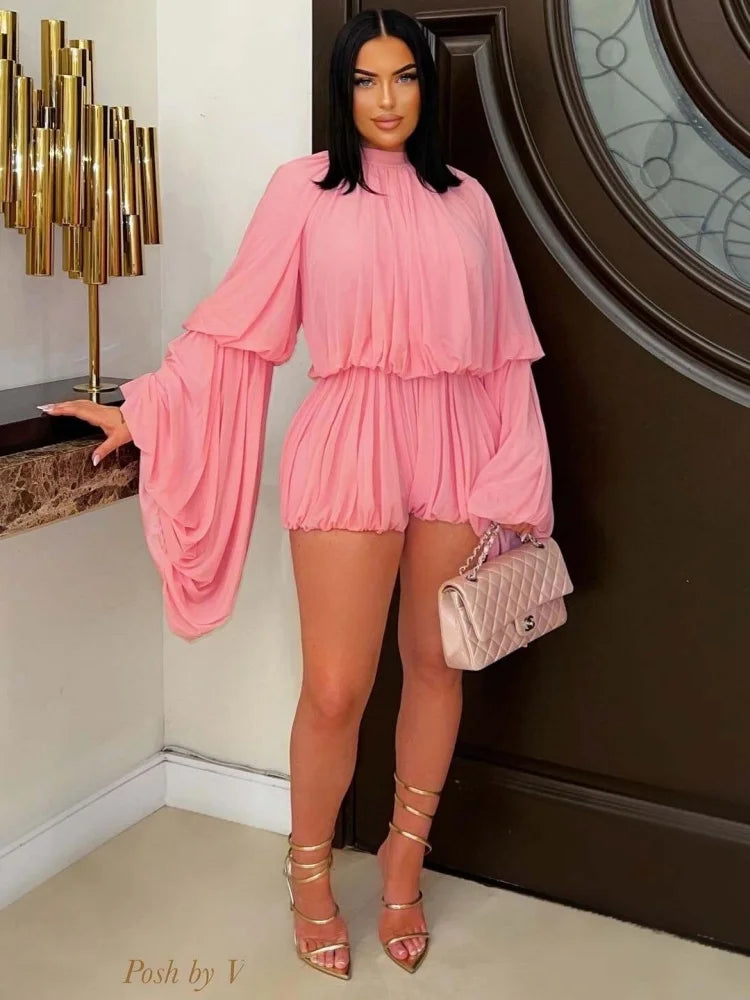 Ana Solid Ruffled Shorts Lantern Sleeves Two Piece Sets