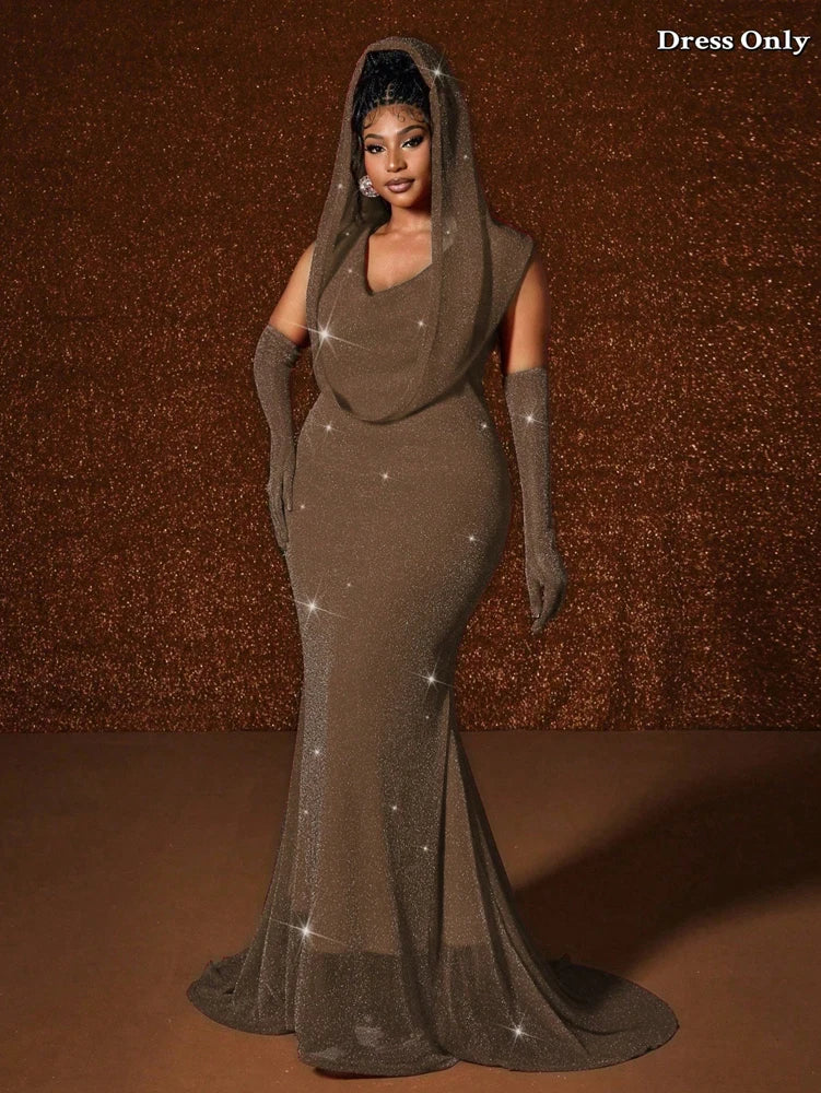 Plus Size Waistband Hot Gold Fish Tail Swing Long Solid Colour Fishtail Slim Dress