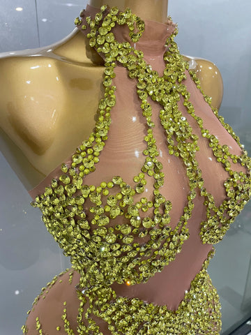 Elmira Rhinestones Sexy Mesh See Through Dress Party Evening Dress