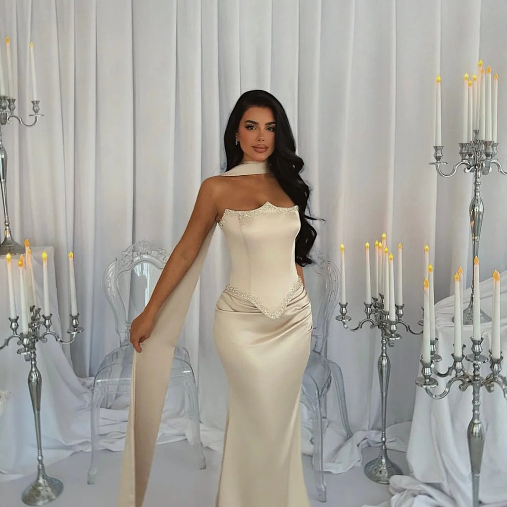 Montgomery Customized White Long Silk Scarves Mermaid Strapless Backless Party Dress