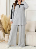 Ana Plus Size Open Collar Long Sleeve Rib-knit Two Piece Sets