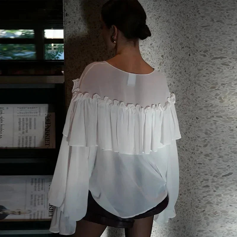 Allentown White Chiffon V-Neck Sexy See Through Shirt Beach Blouse