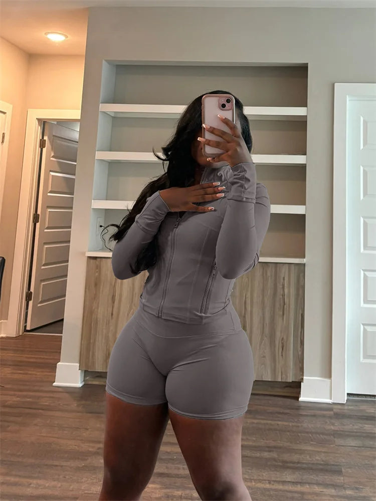 Olivia Fall Siold Bodycon Zipper Tracksuits Two Piece Sets