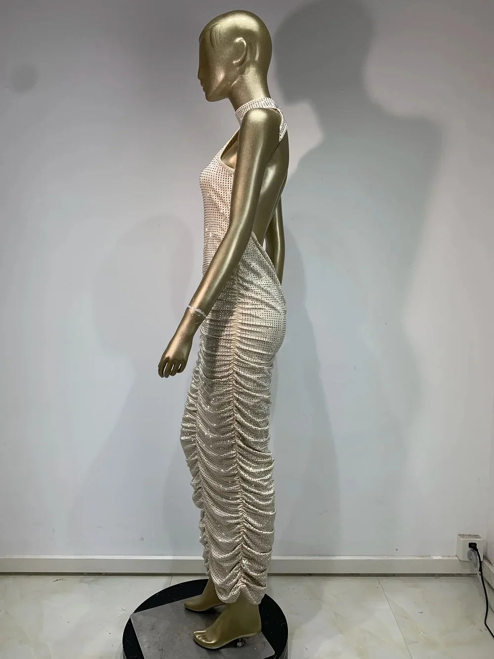 Yaphank Sleeveless Diamonds Backless Ruched Beige Maxi Long Dress