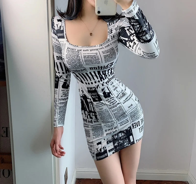 Amazonia Printed Newspaper Sexy New Fashion Street Shooting Slim Mini Dress