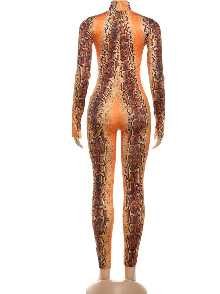 Canarsie Hollow Serpentine Print O Neck Full Sleeve Skinny Peach Hip Jumpsuit