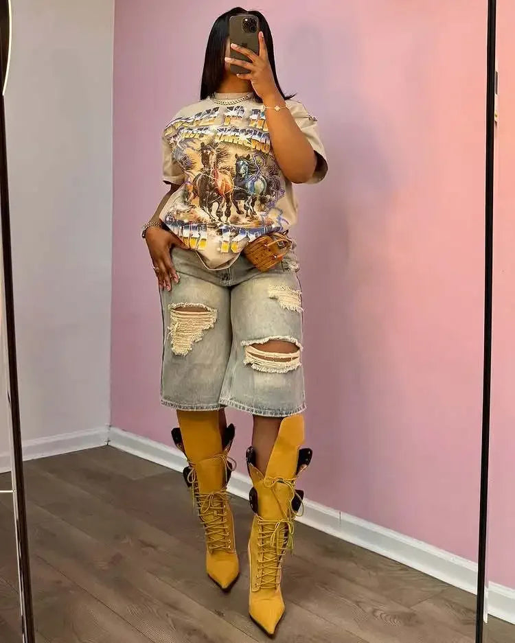 Stacy High Waisted Loose Vintage Ripped Denim Mid-length Straight-leg Denim Shorts