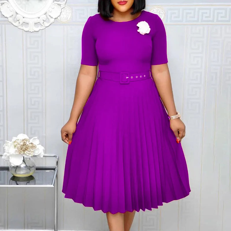 Cincinnati Plus Size Pleated Ladies O Neck Solid With Belt Mid-Calf Office Dress