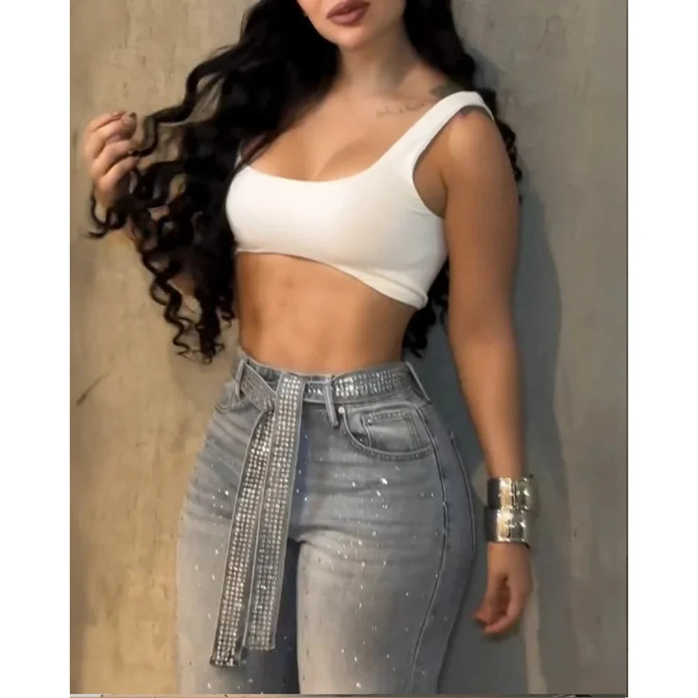 Venus Allover Rhinestone Decor High Waist Zipper Fly Casual Wide Leg Loose Fit Denim