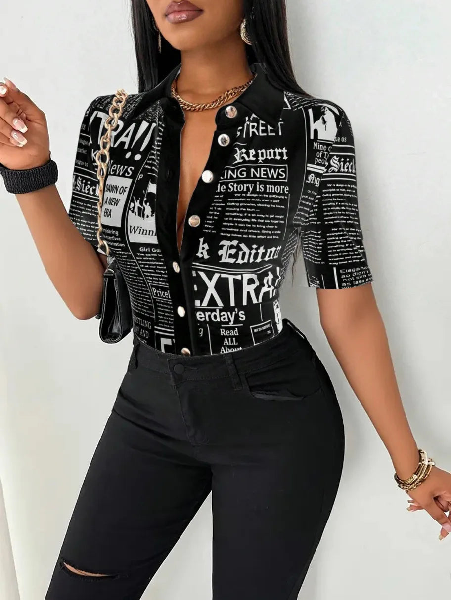 Pluto Elegant Fashion Newspaper Pattern Print Single Breasted Short Sleeve Tops