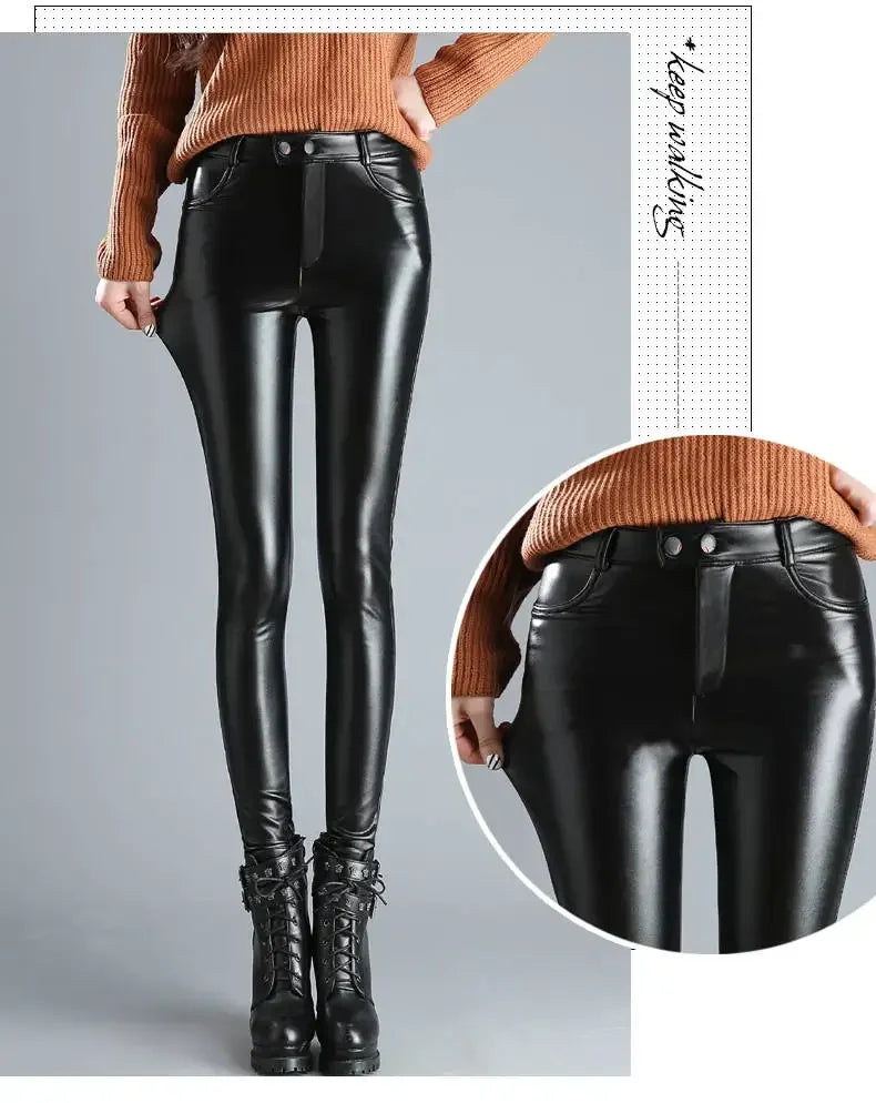 Green Pond PU Leather Leggings Pencil Pants with Thermal Lining Female High-Waisted Stretchy