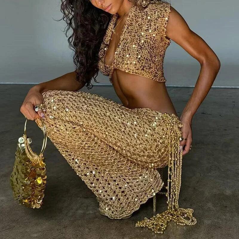 Ozone Park Sequined Casual Short Sleeve Tassel Elegant V-neck Matching Set