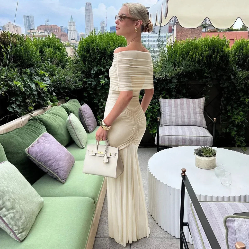 Cowen Off Shoulder Mesh Apricot See Through Ruched Dress