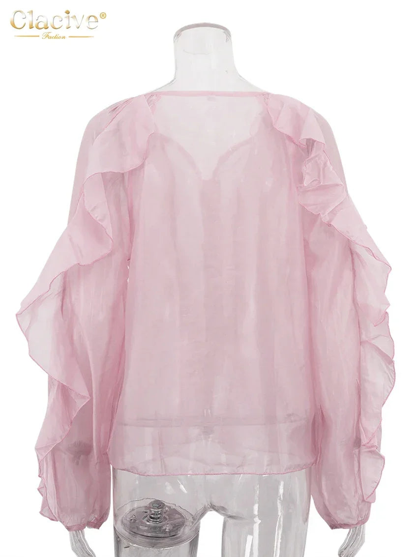 Slatington V-Neck Long Sleeve Elegant Classic Ruffle Solid Top