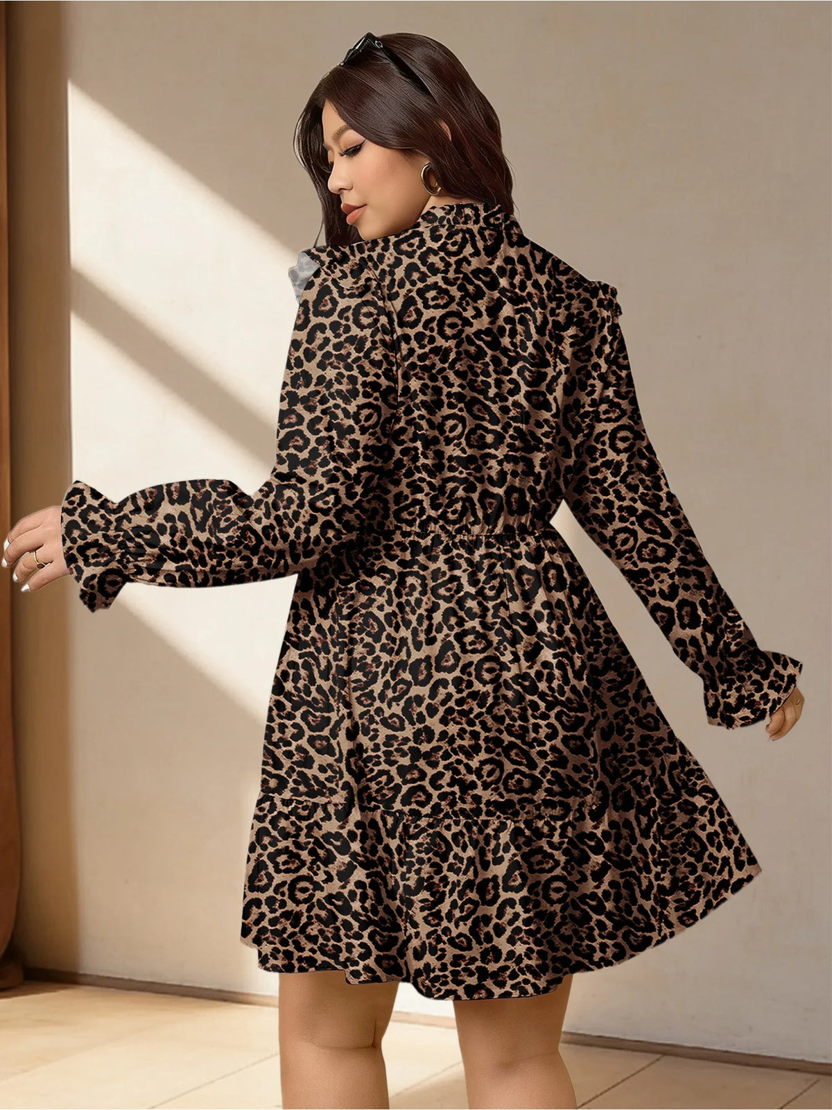 Hudson Square Retro Spicy Girl Style Plus Size Leopard Print Long-Sleeved Stand-Up Collar Dress