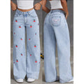 2026 Women Jeans Embroidery High Waist Distressed Washed Denim Wide
