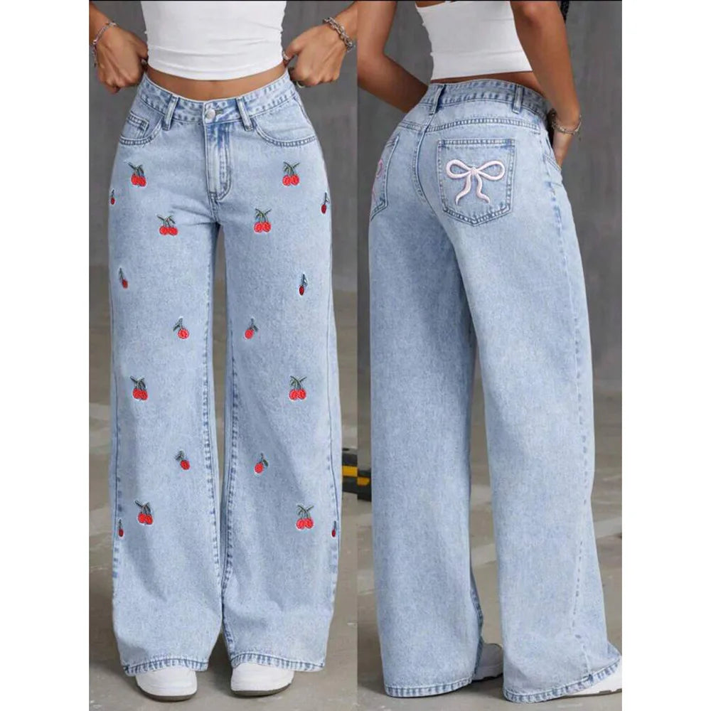 2026 Women Jeans Embroidery High Waist Distressed Washed Denim Wide
