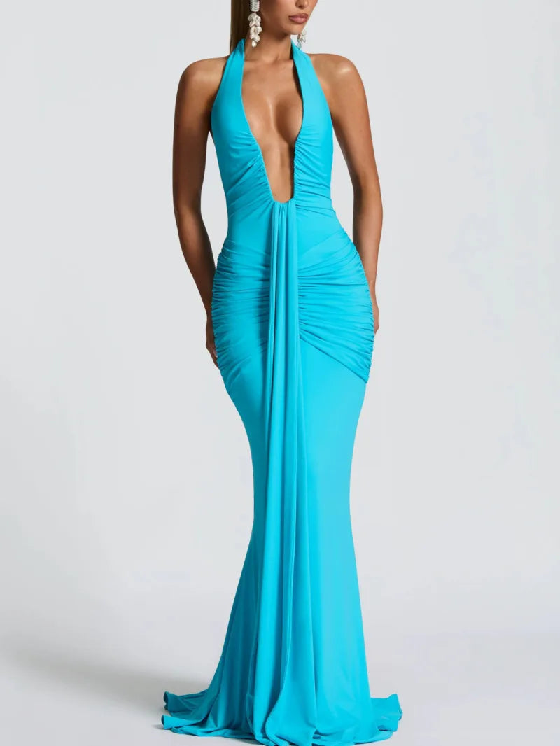 Deep V Neck Draped Ruched Sexy Halter Sleeveless Backless Club Party Long Dress
