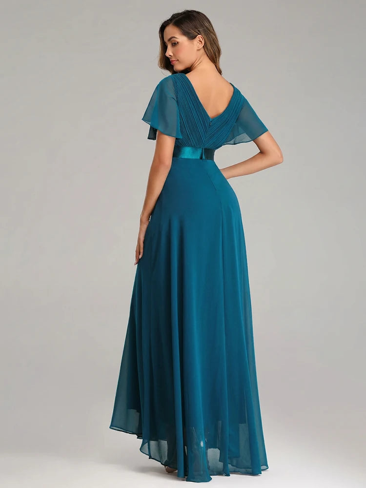 Kerney Elegant V Neck Ruffles Chiffon Formal Evening Gown Dress