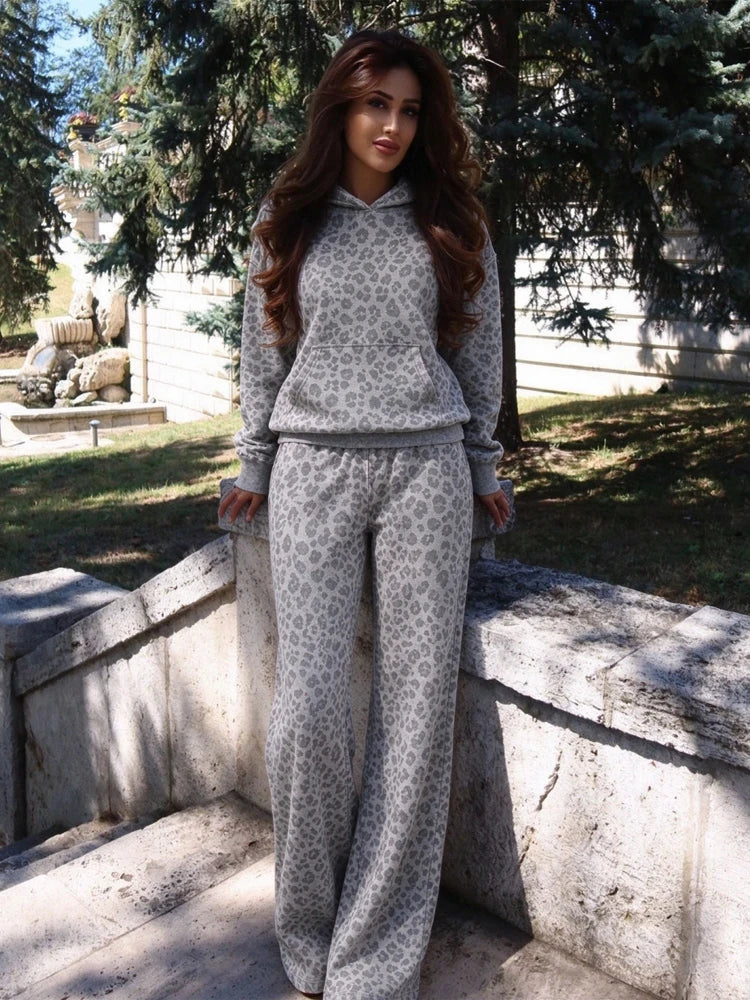 Sanely Women Grey Leopard Print Two Piece Sets