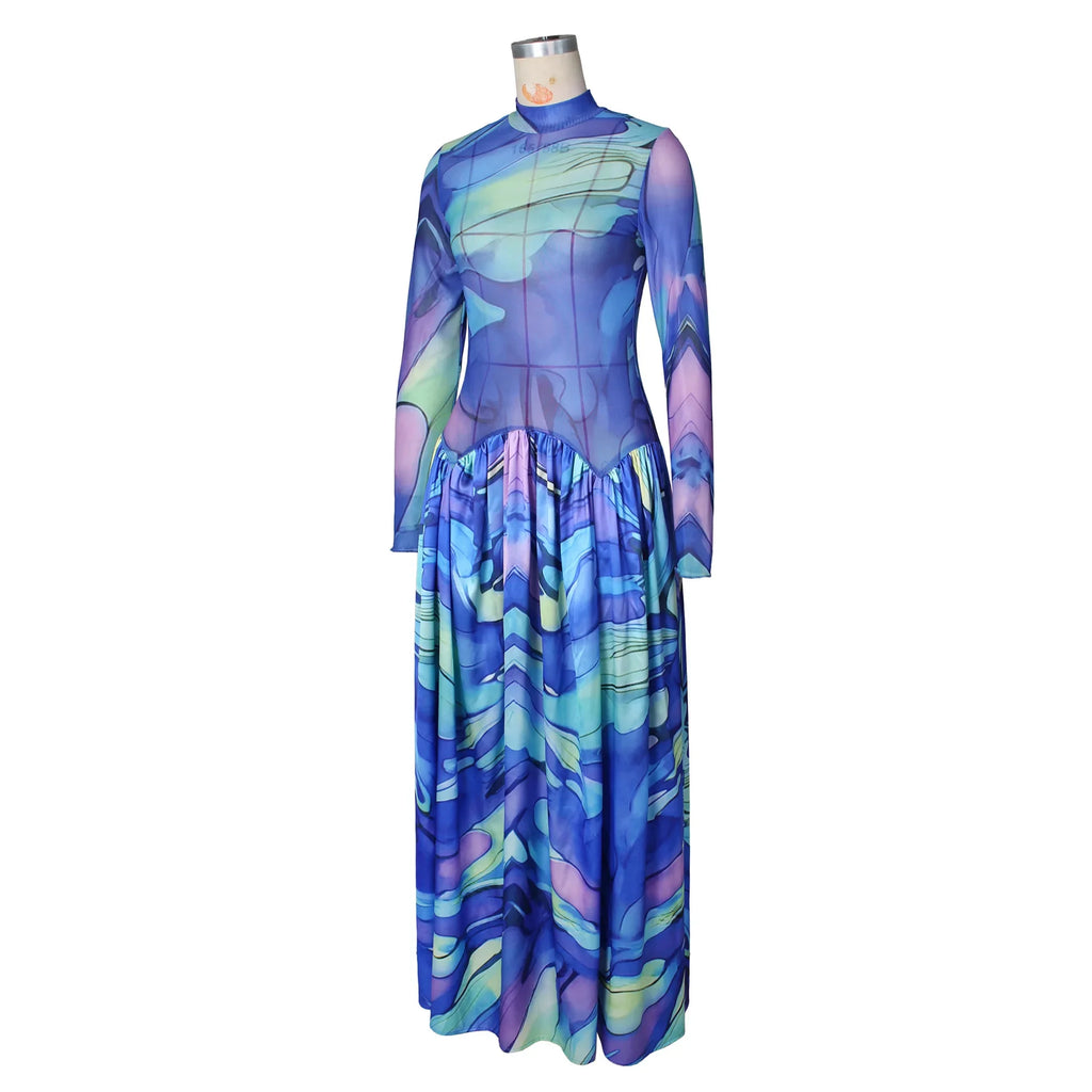 Passaic O Neck Fashion Long Sleeve Flower Printed Maxi Dress