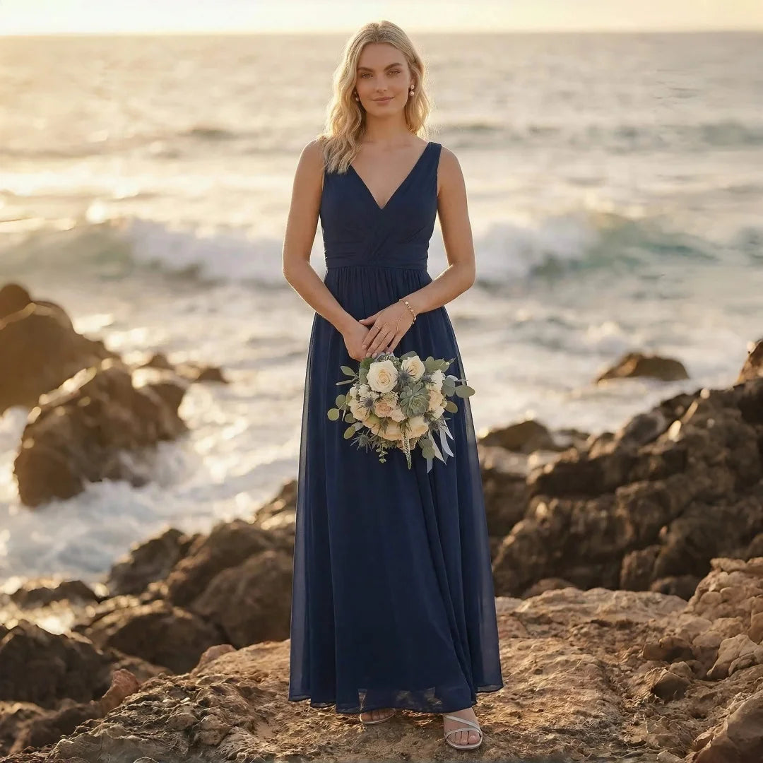 Newark Navy Blue Plus Size Chiffon Bridesmaid Sleeveless Deep V Neck Cross Ruched Dress