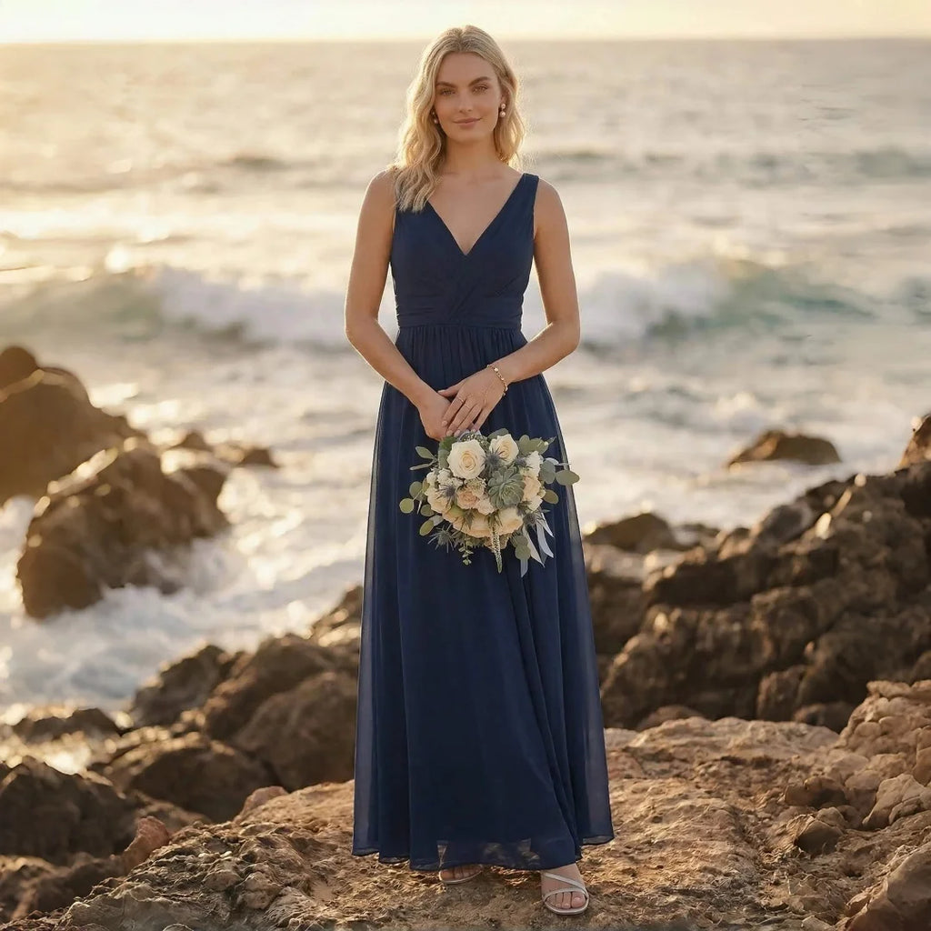 Newark Navy Blue Plus Size Chiffon Bridesmaid Sleeveless Deep V Neck Cross Ruched Dress