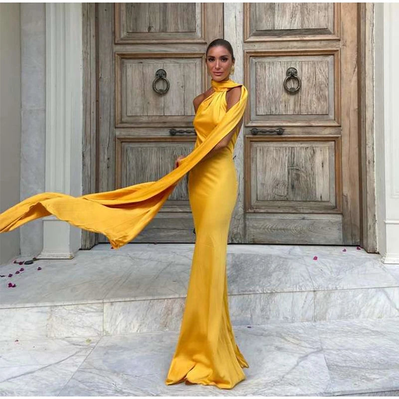 Califon Sexy Satin Ribbon Party Elegant Halter Backless Off Shoulder Sleeveless Maxi Dress