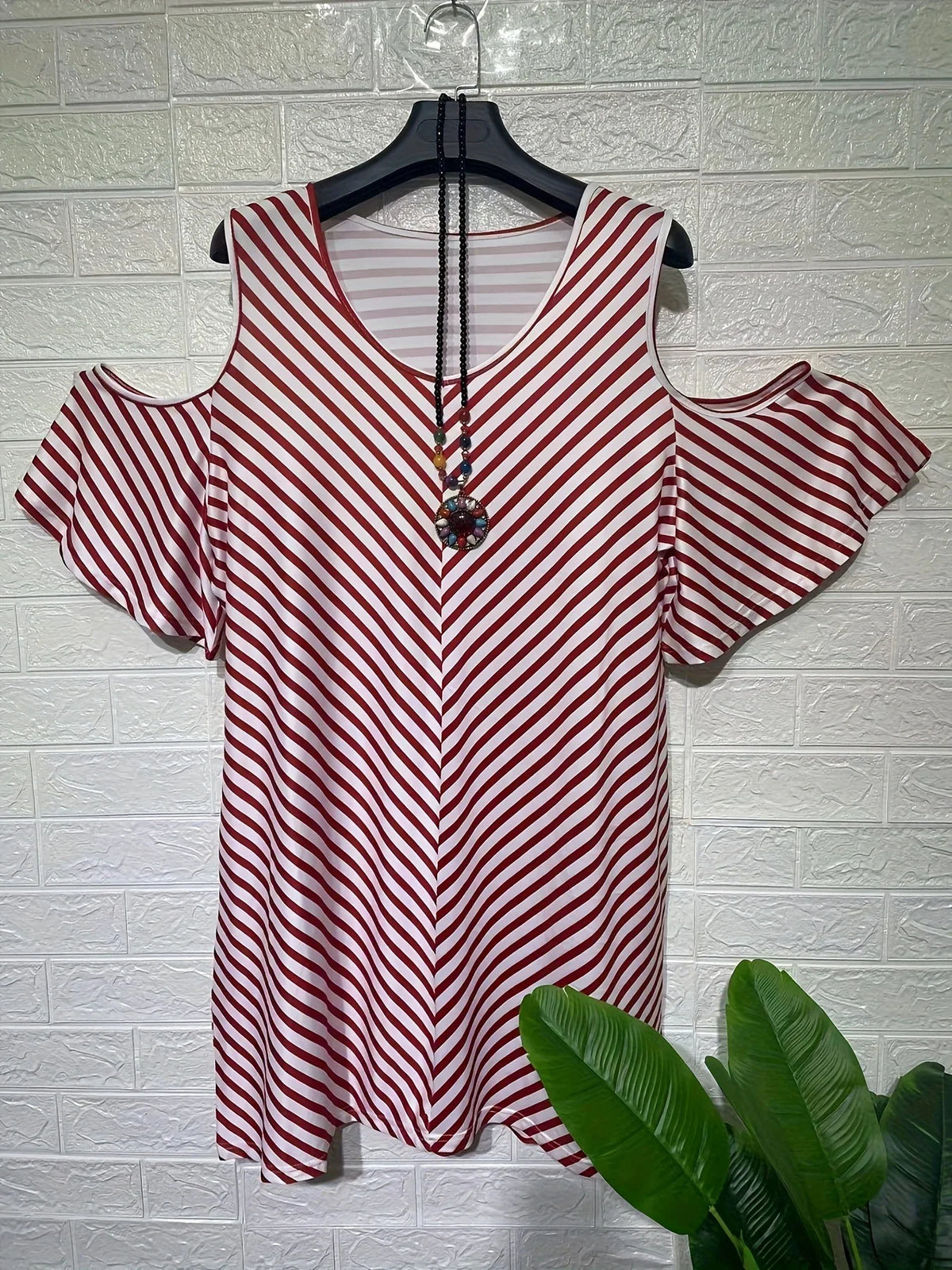 Houston Off Shoulder Loose Casual Cross V-Neck Striped Print Mini Dress