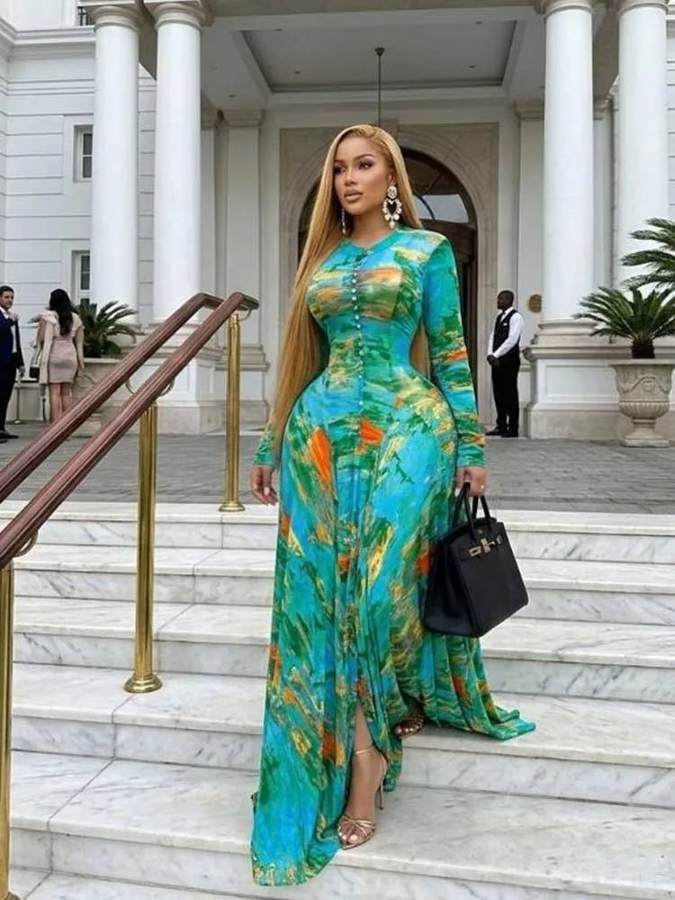 Curvy Women Round Neck Waist Slimming Floral Print Elegant Green Party Dress