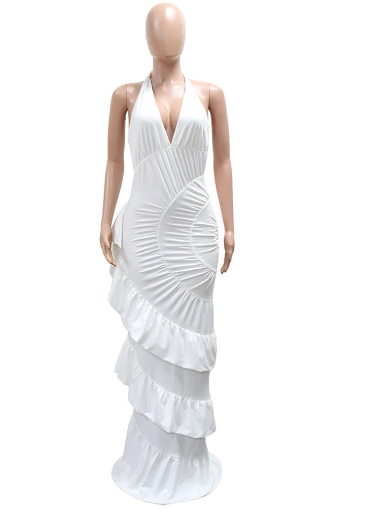 Bonnie Forest Halter Neck Ruched Mermaid Elegant V-Neck Ruffle Maxi Dress