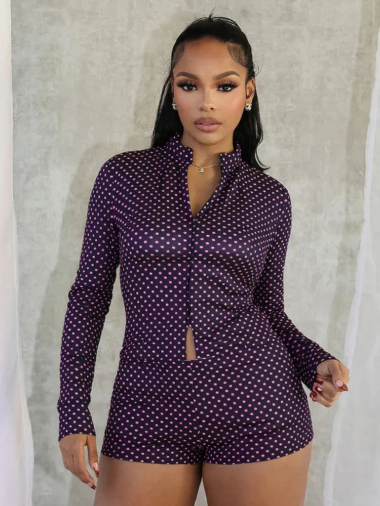 Mattituk Puss Polka Dot Print Women Tracksuit Zip Crop Two Piece Set